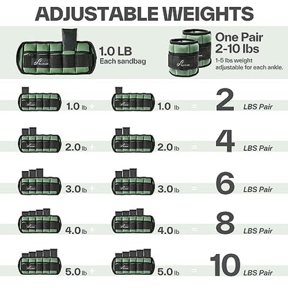 Sportneer Adjustable Ankle Weights Set - 1 Pair (2-10 lbs) Removable Sandbags for Women & Men, Comfortable Neoprene Leg Weights for Walking, Running, Pilates, Yoga, Home Workout & Physical Therapy