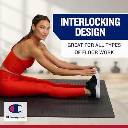 Champion Interlocking Foam Floor Tiles, 12mm Thick EVA Foam Exercise Mat Set with 4 Interlocking Mats & 8 Border Pieces, Non-Slip Cushioned Flooring for Home Workout, Yoga, Stretching, and Pilates