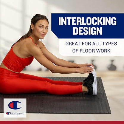 Champion Interlocking Foam Floor Tiles, 12mm Thick EVA Foam Exercise Mat Set with 4 Interlocking Mats & 8 Border Pieces, Non-Slip Cushioned Flooring for Home Workout, Yoga, Stretching, and Pilates