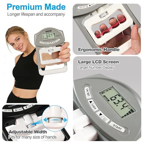 Grip Strength Tester Trainer - Dynamometer Handgrip Measurer Meter, Handheld Strengthener Exerciser for Sports, School, and Home Use