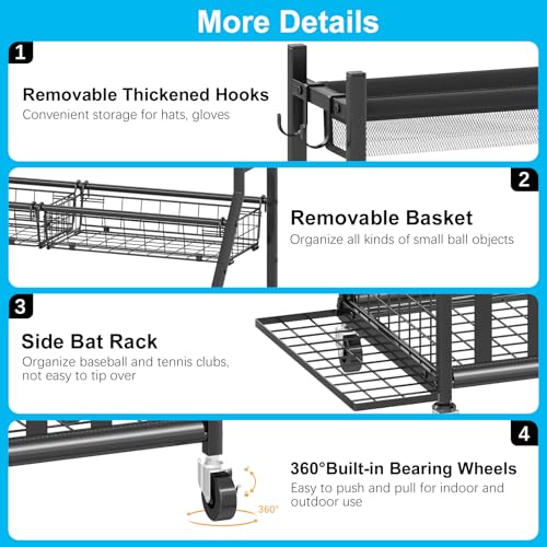 Jsskeeim Garage Sports Equipment Organizer,Sports Ball Organizer with Wheels,Mesh Pocket, Basket,Ball Organizer with Baseball Bat Rack and HooksToy Storage Rolling Cart-Black - style: 01