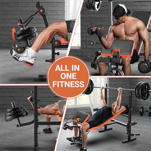 Adjustable Weight Bench, Bench Press with Squat Rack, Olympic Weight Bench for Home Gym, Workout Bench with Preacher Curl Pad and Leg Develope for Full-Body Strength Training