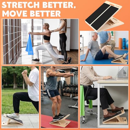 Slant Board for Calf Stretching, Adjustable Wooden Calf Stretcher Incline Board with 3 Pcs Resistance Bands Calf Stretch Board for Squats Leg Knees Heel Ankle Stretching