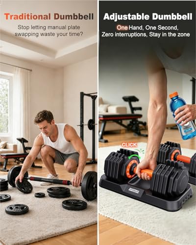 Adjustable Dumbbell Set 50 lbs, 10-in-1 Bi-Directional Adjustable Dumbbells,1 Hand Quick-Dial, No-Roll Dumbbell Set with Storage Tray, Strength Training HIIT for Home Gym