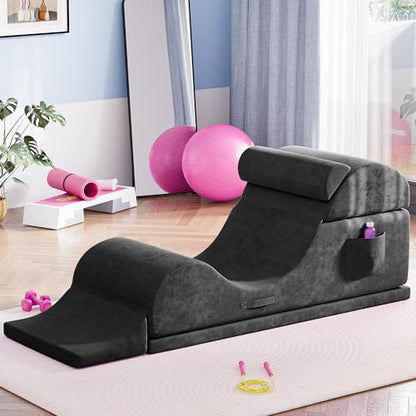 Convertible Yoga Chair for Adults, Ergonomic Foam Lounge with Lumbar Pillow, Washable Cover, Side Pocket, No Assembly Needed – Great for Exercise, Stretching & Relaxation Black - color: Black