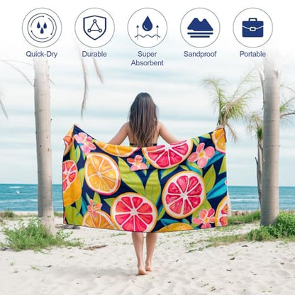 Oversized Microfiber Beach Towel Thin, Tropical Fruit Lemon Double Side Printed Towel 1PC, Large Sand Free Quick Dry Soft Absorbent Compact Towels for Women Men Kids, Summer Pool Swim Bath, 35"x71" - style: Tropical Fruit Lemon