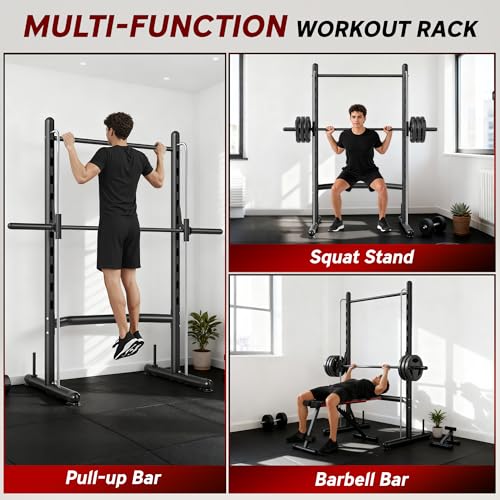 Soozier Squat Rack with Pull-Up Bar, Adjustable Power Rack with Barbell Bar, Multi-Functional Steel Bench Press Rack for Home Gym Strength Training, Black - color: Black