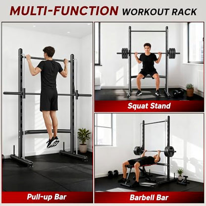 Soozier Squat Rack with Pull-Up Bar, Adjustable Power Rack with Barbell Bar, Multi-Functional Steel Bench Press Rack for Home Gym Strength Training, Black - color: Black