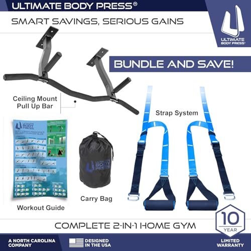 Ceiling Mount Pull Up Bar with Reversible Risers for 16 and 24 Inch Joists with Optimum Grip Spacing by Ultimate Body Press - color: Ceiling Mount Pull Up Bar and Strap System