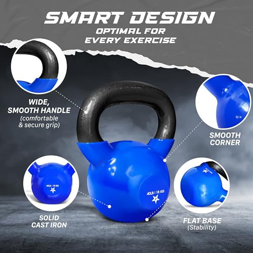 Yes4All Kettlebell, 5-100 LB Vinyl Coated Cast Iron Strength Training Kettlebells for Home Gym Exercises, Fitness, Full Body Workout Equipment, Push Ups, and Grip Strength - color: H. 40LB - Dark Blue, style: Vinyl Coated - Pair