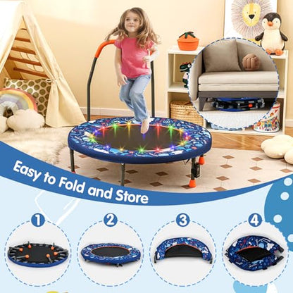 Goplus Foldable Toddler Trampoline for Kids, 36'' Recreational Mini Trampoline w/20 LED Lights, Foam Handle, Padded Safety Cover, Indoor Outdoor Exercise Rebounder for Boys Girls Aged 3-6 - style: Navy-Ocean