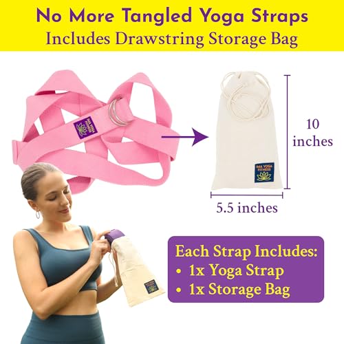 Adaptive Yoga Strap, Stretching Strap, 2 Inches Wide, 100% Naturally Soft Cotton, Steel D-Rings, Includes Natural Cotton Drawstring Storage Pouch and Instructional E-Book