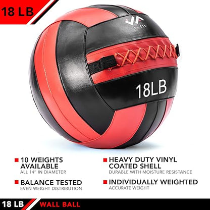JFit Wall Ball – Premium Soft Weighted Exercise Ball for Strength, Conditioning, Gym & Home Workouts, 4-30 LB - color: Red/Black, style: 18-Pound