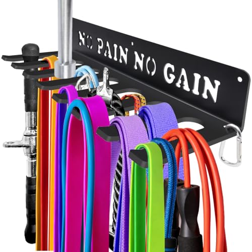 Gym Home Rack 8 Hook Heavy-Duty Wall-mounted Organizer Multi-Purpose Workout Gear Wall Hanger Storage for Resistance Bands Jump Ropes Lifting Belt Fitness Bands Barbells Carabiners Included - color: NO PAIN NO GAIN