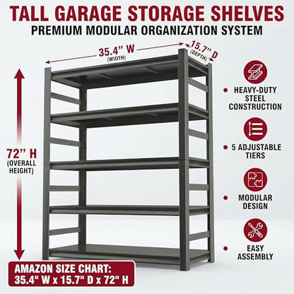 Garage Shelving, 3000 LBS Heavy Duty Metal Storage Shelves with Anti-Fall Rails, 5-Tier Adjustable Storage Rack for Garage, Warehouse, Basement, 35.4" W x 15.7" D x 72" H