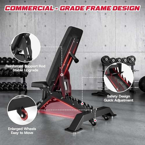 WB02 Adjustable Weight Bench for Home Gym, 660LBS Flat/Incline Workout Bench Press with Fast Adjustment, Thick Cushion, Silent Wheels for Strength Training