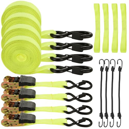 4 Pcs 1 Inch Ratchet Straps Heavy Duty 20ft Tie Down Straps Ratchet with Hooks, 2645 LBS Break Strength, Cargo Ratcheting Straps for Motorcycle Straps Tie Downs, Trucks, Yellow - color: Yellow