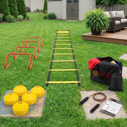 Agility Ladder Training Set - Yellow Speed & Footwork Training Equipment for Sports, Fitness, and Soccer - Includes Parachute, Hurdles, Cones, Jump Rope, and Carry Bag