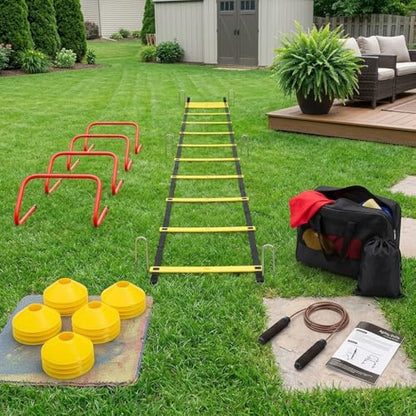 Agility Ladder Training Set - Yellow Speed & Footwork Training Equipment for Sports, Fitness, and Soccer - Includes Parachute, Hurdles, Cones, Jump Rope, and Carry Bag