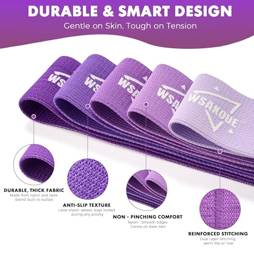 WSAKOUE Fabric Resistance Bands for Working Out – 5 Booty Bands for Women & Men, Exercise Workout Bands for Legs, HIPS & Glutes – Ideal for Home Fitness, Yoga, Pilates & Rehab