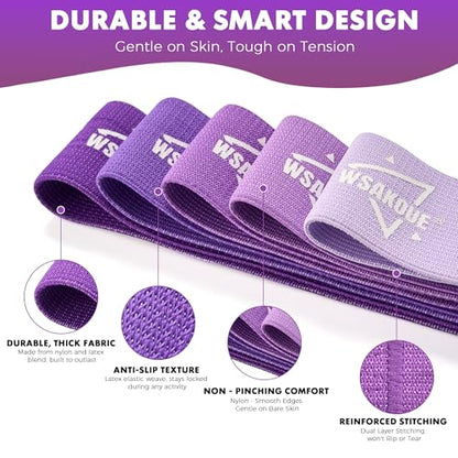 WSAKOUE Fabric Resistance Bands for Working Out – 5 Booty Bands for Women & Men, Exercise Workout Bands for Legs, HIPS & Glutes – Ideal for Home Fitness, Yoga, Pilates & Rehab