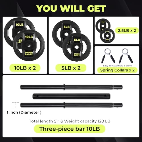 Barbell Weight Set, 45 LB Adjustable Free Weights Bar Set for Home Gym Strength Training, Full Body Workout, Muscle Building, Home Fitness Weight Lifting Equipment