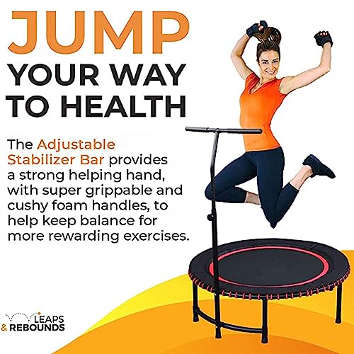 LEAPS & REBOUNDS 48" Adjustable Stability Bar Attachment with 48" Mini Fitness Trampoline and Home Gym Rebounder for Cardio Exercises, Orange