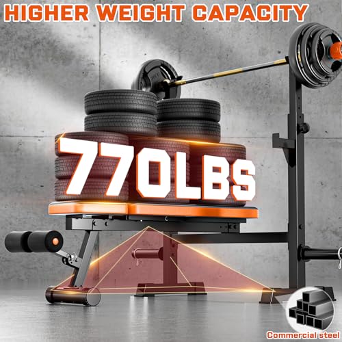 Fostoy 770lbs Weight Bench Set with Squat Rack, 5 in 1 Workout Bench Press With Removable Foot Catch, Adjustable Flat Incline Sit Up Bench for Home Gym Full Body Strength Training
