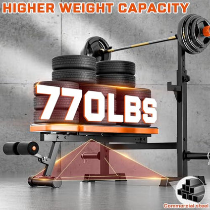Fostoy 770lbs Weight Bench Set with Squat Rack, 5 in 1 Workout Bench Press With Removable Foot Catch, Adjustable Flat Incline Sit Up Bench for Home Gym Full Body Strength Training