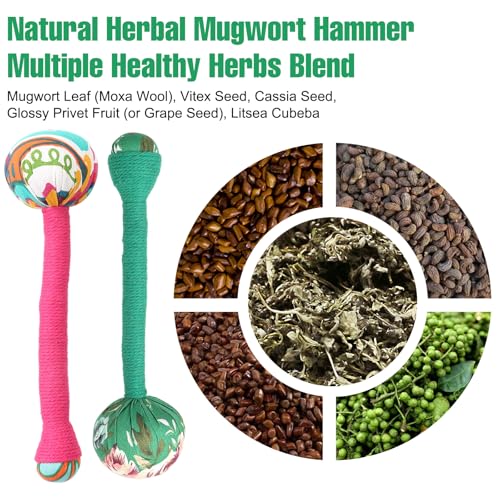 2PCS Long Wormwood Lymphatic Drainage Hammer, Manual Body Massage Hammer, Anti Slip Handheld Herbal Massage Hammer for Back Muscle Relaxation (Rose Red/Dark Green) - color: Rose Red+dark Green