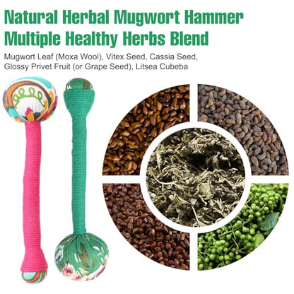 2PCS Long Wormwood Lymphatic Drainage Hammer, Manual Body Massage Hammer, Anti Slip Handheld Herbal Massage Hammer for Back Muscle Relaxation (Rose Red/Dark Green) - color: Rose Red+dark Green