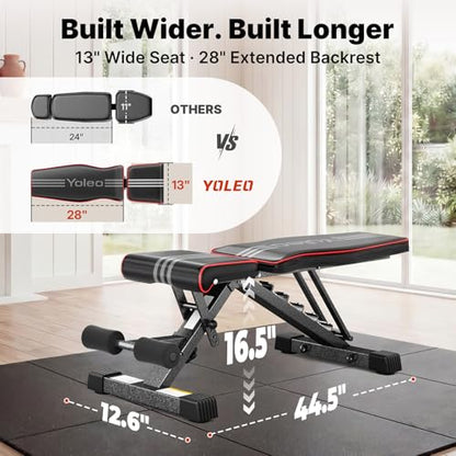 YOLEO Adjustable Weight Bench for Home Gym, ASTM-Certified 827LBS, 98% Pre-Assembled, Foldable Gym Bench with 84 Positions Incline Decline Flat, Wider Seat