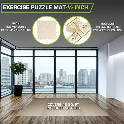 ProsourceFit Exercise Puzzle Mat 1/2-inch, EVA Interlocking Foam Floor Tiles for Home Gym, Workout Equipment, Kids Play Areas, Beige, 48 SQ FT - 12 Tiles