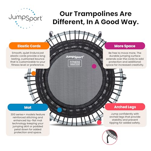 JumpSport 39" Fitness Trampoline and Handle Bar | Model 350i | Matte Black | Exercise Rebounder | 30 Adjustable Bungees | 275 lb Wt. Rating