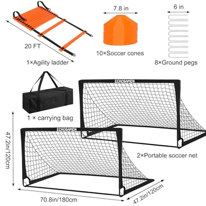 Kids Soccer Goals for Backyard, 2 of 6 x 4 ft Kids Soccer Goal Set Soccer Net with 10 Soccer Cones, Agility Ladder & Carry Bag, Portable Soccer Training Equipment.