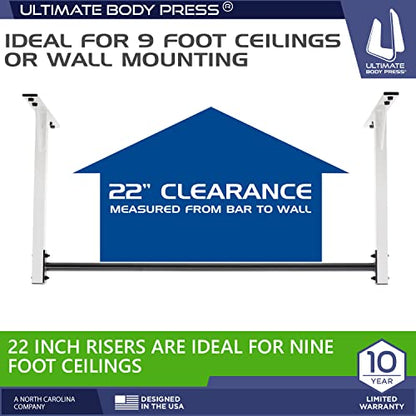 Wall or Ceiling Mount Pull Up Bar with 48” Straight Bar and 22” Risers, Double Wall Mounting Plates Fit 16” or 24” Studs and Joists by Ultimate Body Press