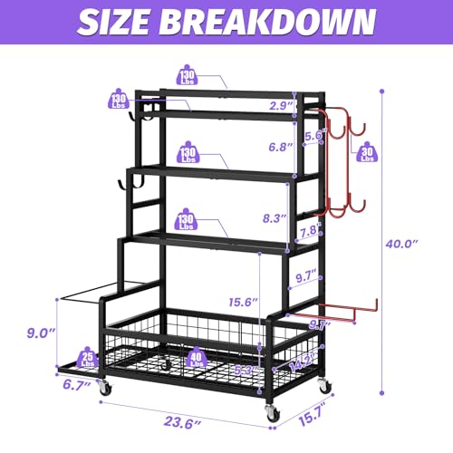Dumbbell Rack,Home Gym Storage Rack,Total Weight Capacity 490 lbs,Weight Rack with Wheels/Strength Training Equipment Storage Rack with Hooks,Stores Dumbbells,Kettlebells,Yoga Mats