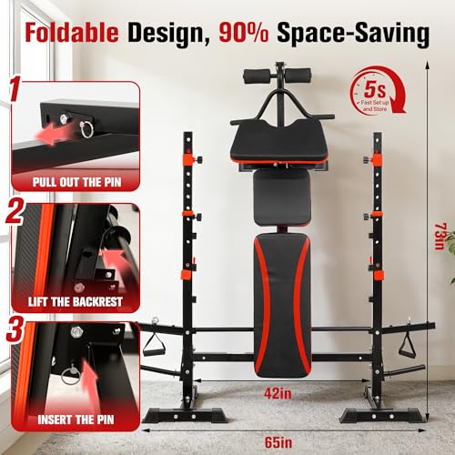 Foldable 1500LBS 8 IN 1 Olympic Weight Bench Set with Squat Rack, Leg Extension/Curl & Preacher Curl, Adjustable Bench Press Set with Safety Bar Catches for Home Gym Full Body Workout