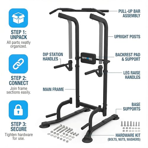 BARWING Pull Up Bar Station, Power Tower, Dip Station with 3D Backrest, Multi-Function Strength Training Stand Rack, Adjustable Height Dip Bar for Home Gym Workout Stand Fitness Exercise Equipment