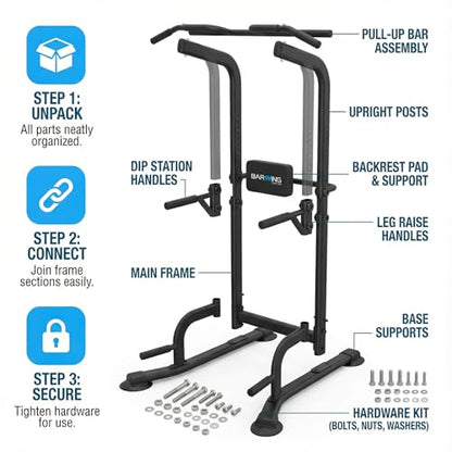 BARWING Pull Up Bar Station, Power Tower, Dip Station with 3D Backrest, Multi-Function Strength Training Stand Rack, Adjustable Height Dip Bar for Home Gym Workout Stand Fitness Exercise Equipment