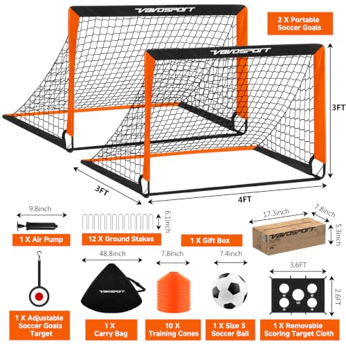 2 Pack Kids Soccer Goals for Backyard Set, 4x3 ft Portable Pop Up Soccer Goal, Kids Soccer Net Training Equipment with Soccer Target, Ball, Cones, for Ages 3-12 Outdoor Sports Games Gifts