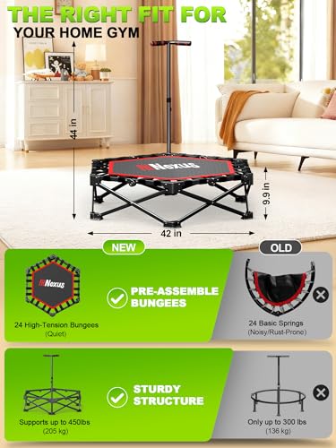 42" Foldable Mini Trampoline- 450lb Capacity Fitness Rebounder w/3-Level Adjustable T-Bar, Adults Workout Trampoline, Non-Slip Pad | Foldable Design for Home/Gym