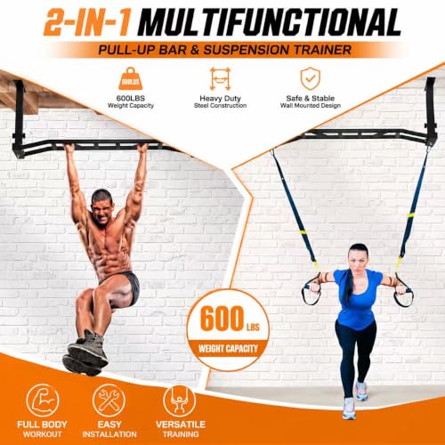 48" Ceiling Mount Pull Up Bar - Heavy Duty Multi-Grip Chin Up Bar for Garage/Home Gym and Strength Training, Adjustable Height&Supports to 600 Lbs