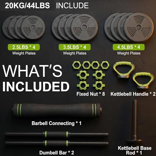 Adjustable Dumbbell Set 44LB, 4-in-1 Free Weight Set with Barbell & Kettlebell & Push-Up Handles, Compact All-in-One Home Gym for Men & Women, Anti-Slip Grip, Quiet Rubber-Coated Plates