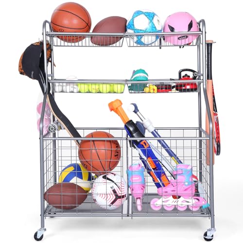 Kinghouse Rolling Sports Equipment Organizer with Wheels, Garage Ball Storage Rack for Basketball, Toys, for Garage, Indoor, Gym, Outdoo, Includes Metal Storage Bin, Bat Holder, Hooks