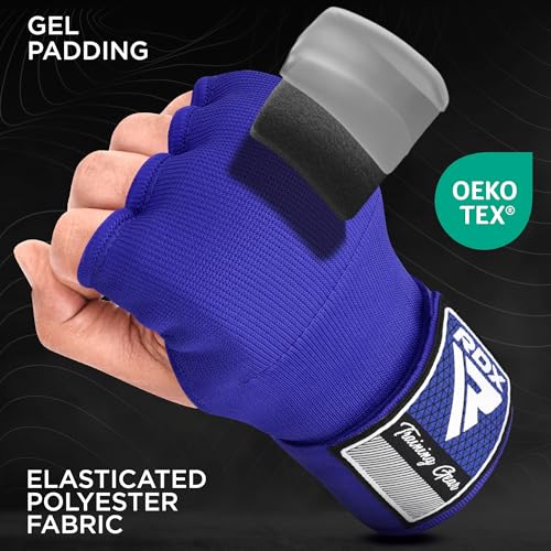 RDX Gel Boxing Hand Wraps Inner Gloves Men Women, Quick 100cm Long Wrist Straps, Elasticated Padded Fist Under Mitts Protection, Muay Thai MMA Kickboxing Martial Arts - color: Blue, size: Medium