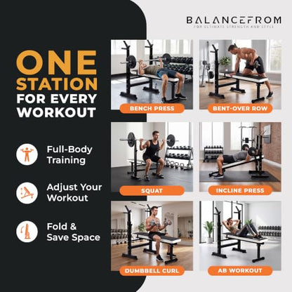 BalanceFrom Adjustable Folding Multifunctional Workout Station Adjustable Olympic Workout Bench with Squat Rack - color: Black/White