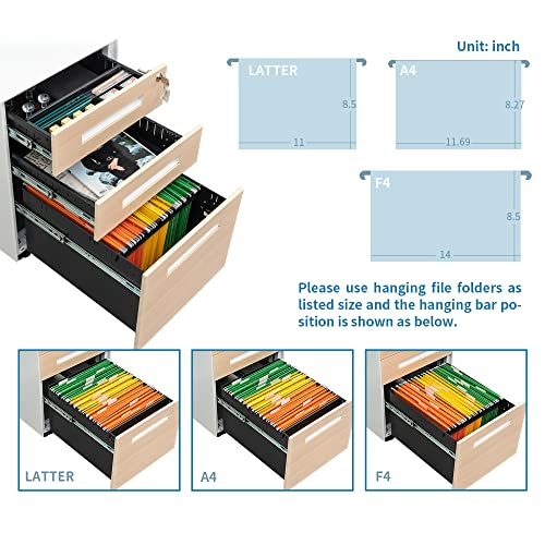 3 Drawer Locking File Cabinet, Under Desk Metal Filing Cabinet for Legal/Letter/A4 File, Fully Assembled Include Wheels, Home/Office Design (White+Cherry)