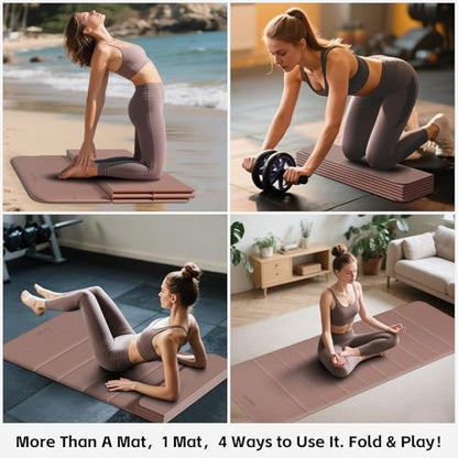 Foldable Yoga Mat,Thickened,0.4"Thick (10mm）,76"x26" | 12-Fold Design,SGS Certified TPE,Non-Slip & No Smell,Ultra Portability,For Yoga,Gym,Pilates,Home Workouts - color: Oak Brown