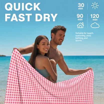 Microfiber Beach Towel Sand Free Quick Dry Oversized Pink and White Gingham Pattern for Adults Travel Pool Swim Retro Aesthetic Lightweight Compact 71 x 32 Inches 1 Pcs - color: Plaid